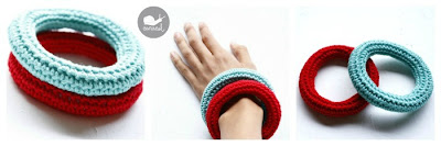 Stackable crochet bangles in red and aqua