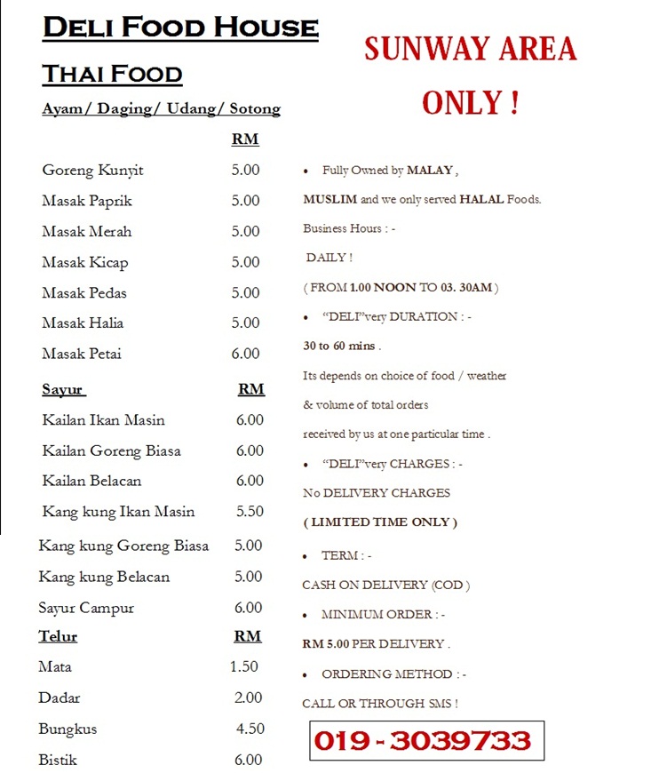 Delivery Food Our Menu ! SUNWAY area only