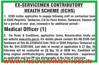Application invited for Medical Officer Post in ECHS Polyclinic Chennai