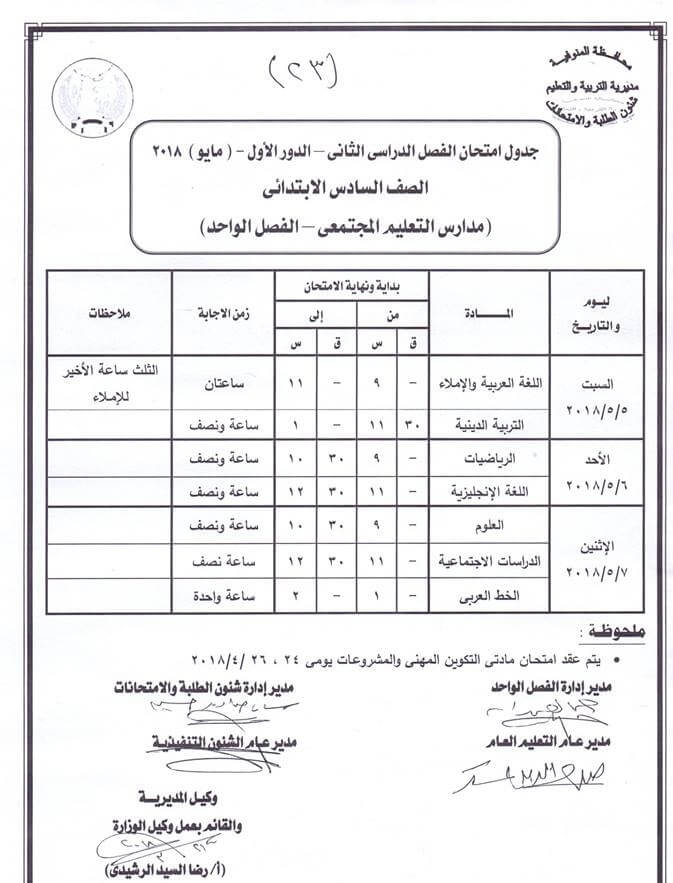 جدول امتحانات الصف السادس الابتدائي 2018 اخر العام محافظة المنوفية