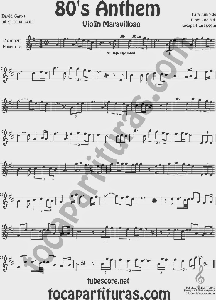 80's Anthem Partitura de Trompeta y Fliscorno Sheet Music for Trumpet and Flugelhorn Music Scores by David Garret