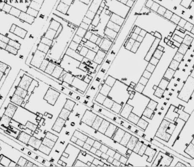 A large scale map showing densley packed streets.  Wilson Street, Thomas Street, Burleigh Street amongst them.