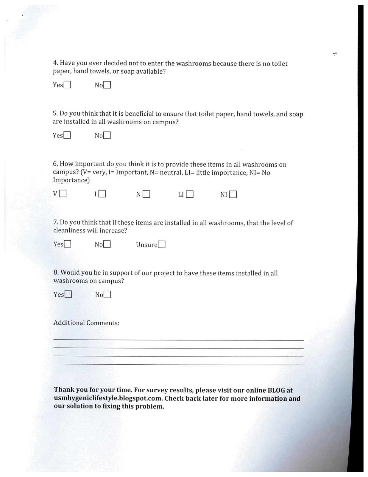Initiation to Hygenic Lifestyle Improving USM Washrooms Blank Survey Form
