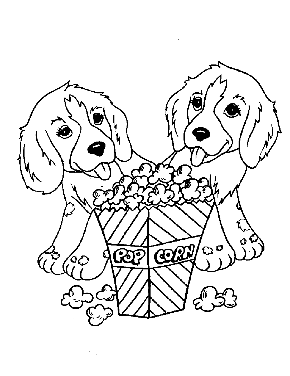 Tranh tô màu hai chú chó và hộp bỏng ngô
