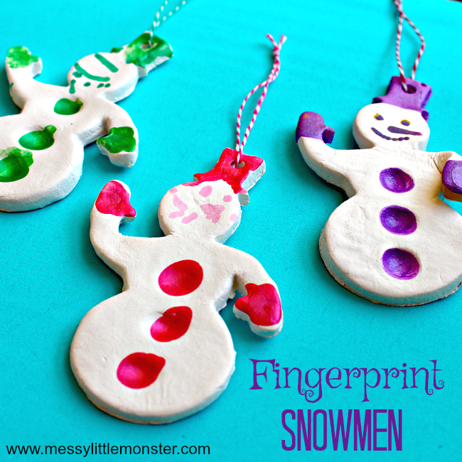 Fingerprint Snowman Christmas Ornament.  An easy kids craft and keepsake using salt dough or air dry clay. Perfect for a toddler or preschoolers Winter or Christmas project.