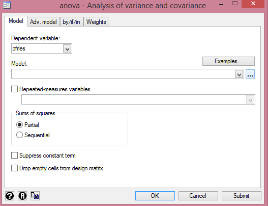 Dialog box for dependent variable in Two-way ANOVA, Stata from http://cruncheconometrix.com.ng