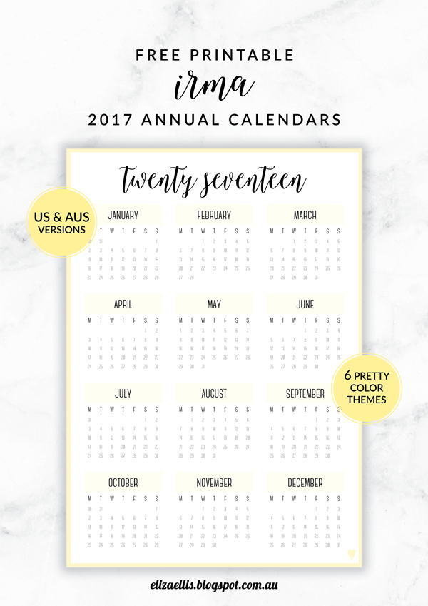 Free Printable Irma 2017 Annual Calendars & Planner Covers // Eliza Ellis. Available in 6 colors and in both A4 and A5 sizes. Daily, weekly and monthly diaries, planners and calendars also available.