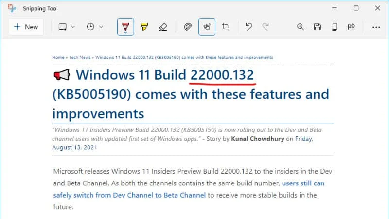 The new Snipping Tool design of Windows 11