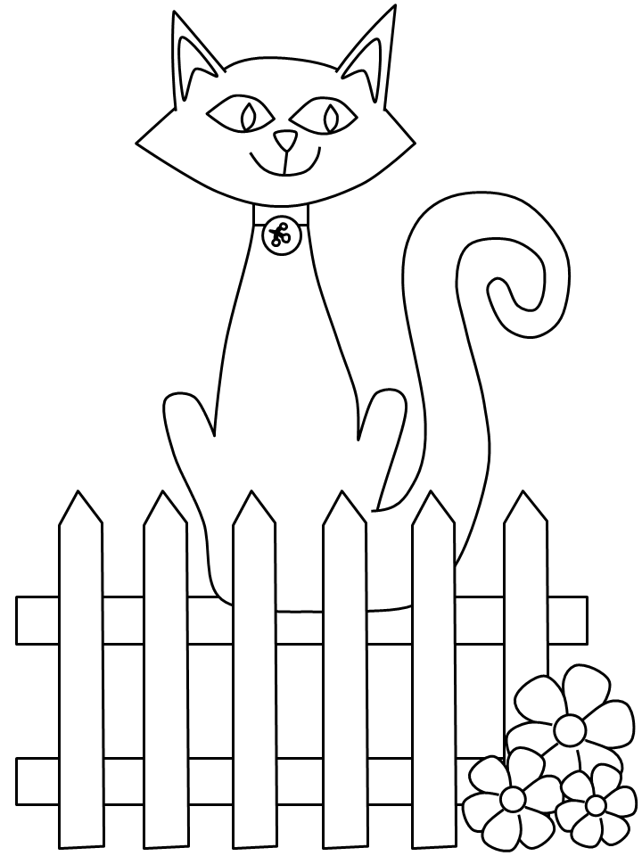 Tranh cho bé tô màu con mèo ngồi bờ rào