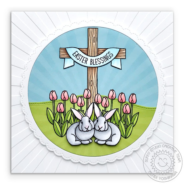 Sunny Studio Stamps: Spring Greetings Easter Bunny with Tulips & Cross Card (also using Easter Wishes Stamps, Frilly Frames Circles & Sunburst Embossing Folder)