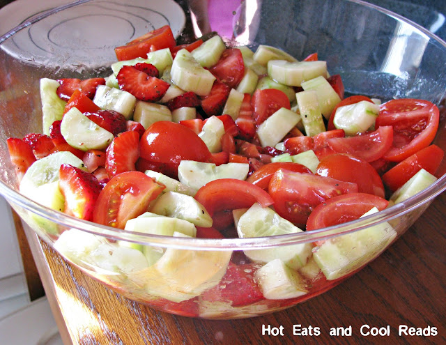 A fresh and delicious salad that's great for any meal! Ready in 10 minutes! Cucumber, Strawberry and Tomato Salad with Balsamic Vinaigrette Recipe from Hot Eats and Cool Reads