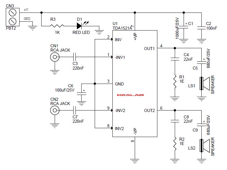 SCHEMA ELECTRONIQUE AMPLIFICATEUR AUDIO STÉRÉO 10W abase de TDA1521