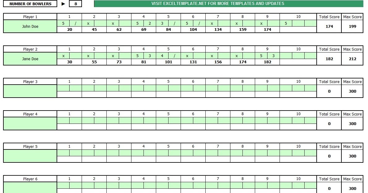Simple Printable bowling score sheet with pins