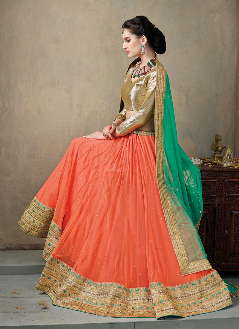 Navratri Special Orange Net Lace Work Wedding Designer Lehenga Choli