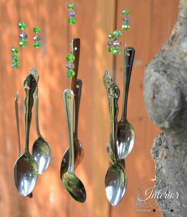 An adorable Recycled Teapot Wind Chimes idea with repurposed thrift store silverware. Budget-friendly Spring and Summer garden decor or handmade gift.