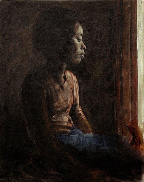 "Tomorrows Guest" by Florence Wangui - 2018 - oil on canvas | imagenes de obras de arte, pinturas chidas, soledad y tristeza | sad emotional artworks