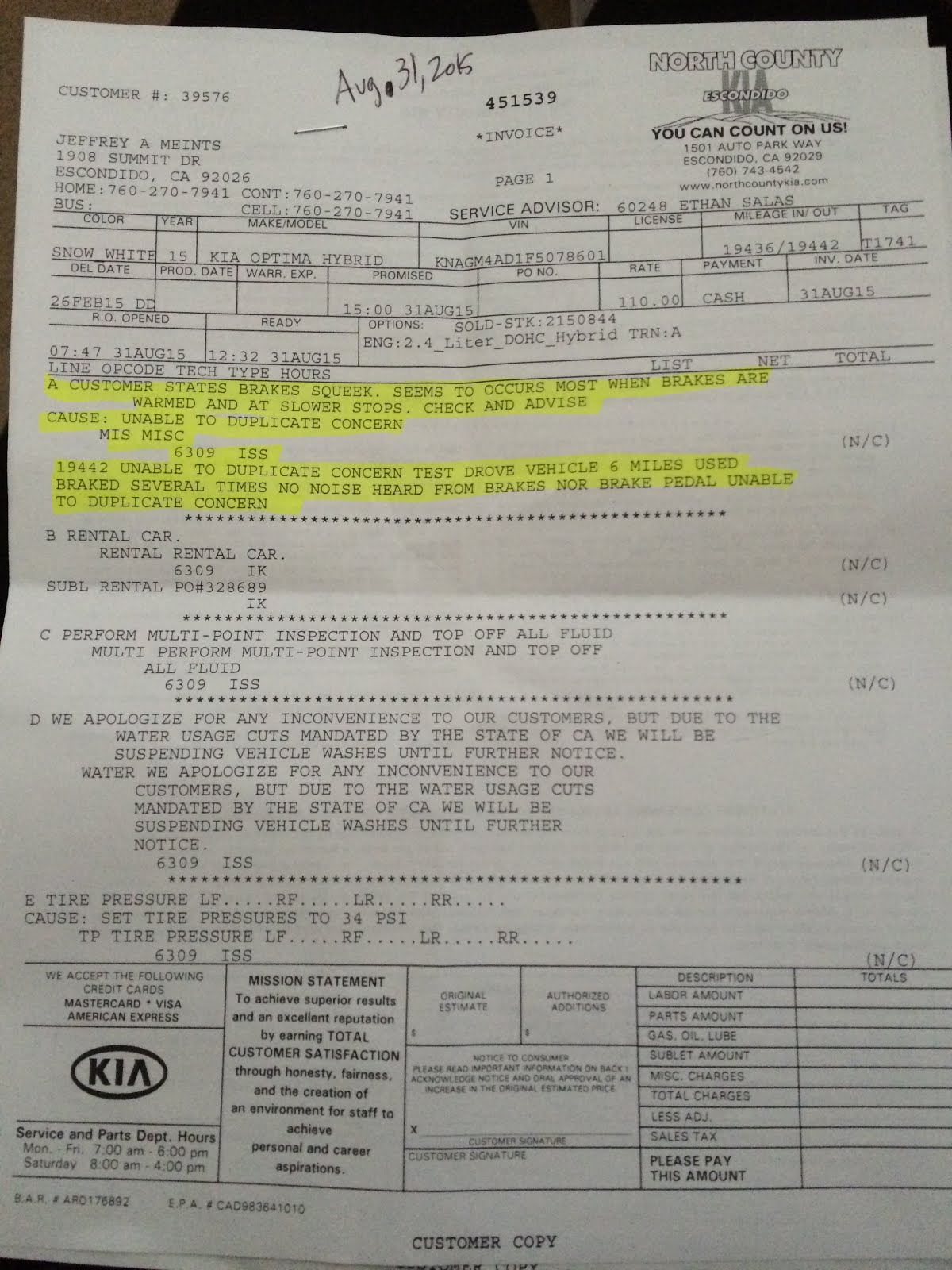 My terrible 2015 KIA Optima Hybrid story from North County KIA of