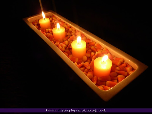 Candy Corn & Candle Display at The Purple Pumpkin Blog