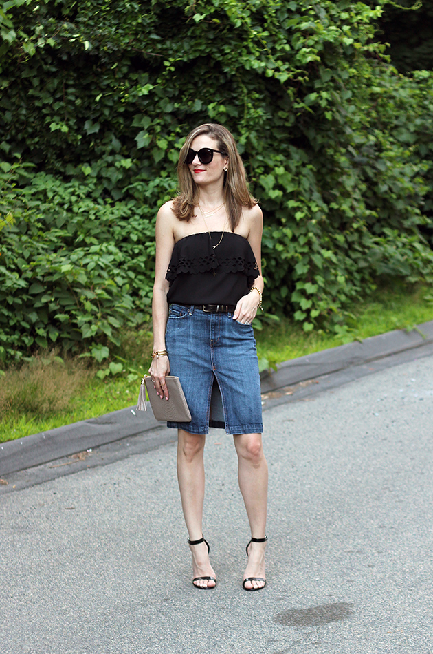 Denim Skirt and Ruffle Strapless Top | Threads for Thomas