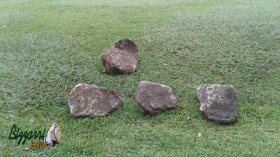 Pedras ornamentais, tipo pedra moledo bege escuro, sendo pedra tipo chapa com tamanho variado de 30 x 30 cm e espessura de 10 a 15 cm.