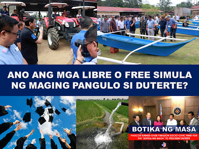 MGA LIBRE SA PANUNUNGKULAN NI PANGULONG DUTERTE. PWEDE NAMAN PALA , BAKIT HINDI GINAWA NG MGA NAKARAANG PANGULO?  President Rodrigo Roa Duterte, the 16th President of the Philippines is barely a year on his office but his accomplishments speak for themselves about his efficiency as a newly elected leader of the country.   FREE SERVICES UNDER DUTERTE ADMINISTRATION   FREE TUITION FEE   There is P8.3 billion fund granted to the Commission on Higher Education (CHED) so that tuition in undergraduate programs of all state universities and colleges in the Philippines will soon be free.             FREE BOATS FOR THE POOR FISHER FOLKS.     70 units of motorized fiberglass fishing votes were given to the poor fishermen of Basilan.     Free farm equipments and machineries were also been given to the farmers of Basilan.  The president said he supports farmers and vowed to give more free equipments  and free irrigation as well.    Irrigation is vital in farming. By providing free irrigation system, the Duterte administration is bringing a great help  to the agriculture sector and to the farmers.     FREE MEDICINE AND HOSPITALIZATION  Starting 2017, the Department of Health (DOH) will provide free hospitalization and medicines to the indigent, jobless and the senior citizens.  Health Secretary Pauline Rosell-Ubial made the announcement on Saturday, saying the budget for health services have been increased to cover the hospital needs of the poor.               On top of all these, the Filipinos can walk around freely on streets any time without worrying about being mugged drug addicts .   "The Philippines is now safer from theft, carnapping, robbery, physical injury, and rape." This is the statement of Presidential Communications Secretary Martin Andanar as the Philippine National Police (PNP) released figures showing index crime volume declined 25,673 to 55,391 in July-November 2016 period, from 81,064 a year ago. Citing the said PNP report, Andanar said index crime rate went down to 31.67 percent in July to November this year as compared to the same period last year. Index crimes are defined by the PNP as crimes against persons (such as murder, homicide, physical injury, and rape) and crimes against property (like robbery, theft, carnapping, and cattle rustling). Data showed crimes against property posted a significant slide to 42.48 percent, while crimes against person dropped 12.25 percent. READ THE FULL STATEMENT HERE  The good President vowed to end drugs, criminality and corruption during his term and he, with his cabinet, is working hard for the reality of his promises.  With a leader like President Rodrigo Duterte, the Philippines can be great again.