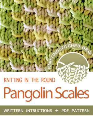 Circular Knitting - Pangolin Scales stitch pattern. Techniques Used: Working in the round, knitting, purling and yarn over. Easy! #knittingintheround