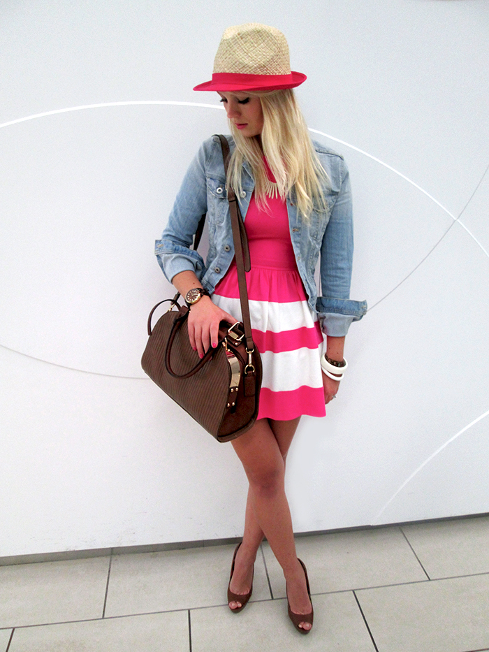 Jeans jacket, pink dress, hat