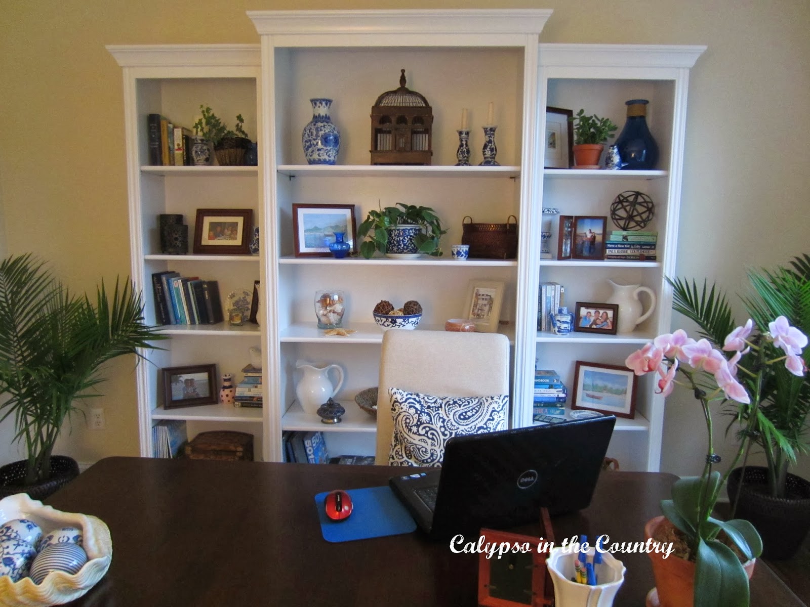 Desk and White Bookcases in Home Office Reveal