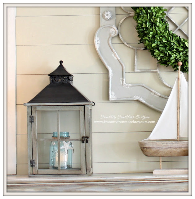 Simple Nautical Fireplace Mantel Display-Lanterns-Blue Mason Jars- From My Front Porch To Yours