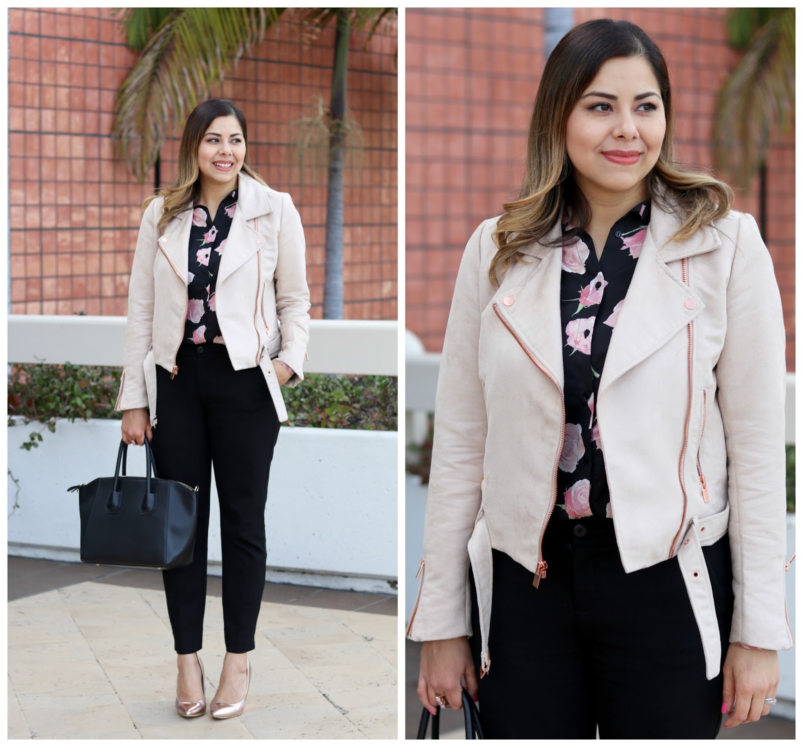Blush Moto Jacket with Black Trousers How to wear a blush moto jacket, bloggers in Neiman Marcus Fashion Valley, San Diego Fashion Valley blogger