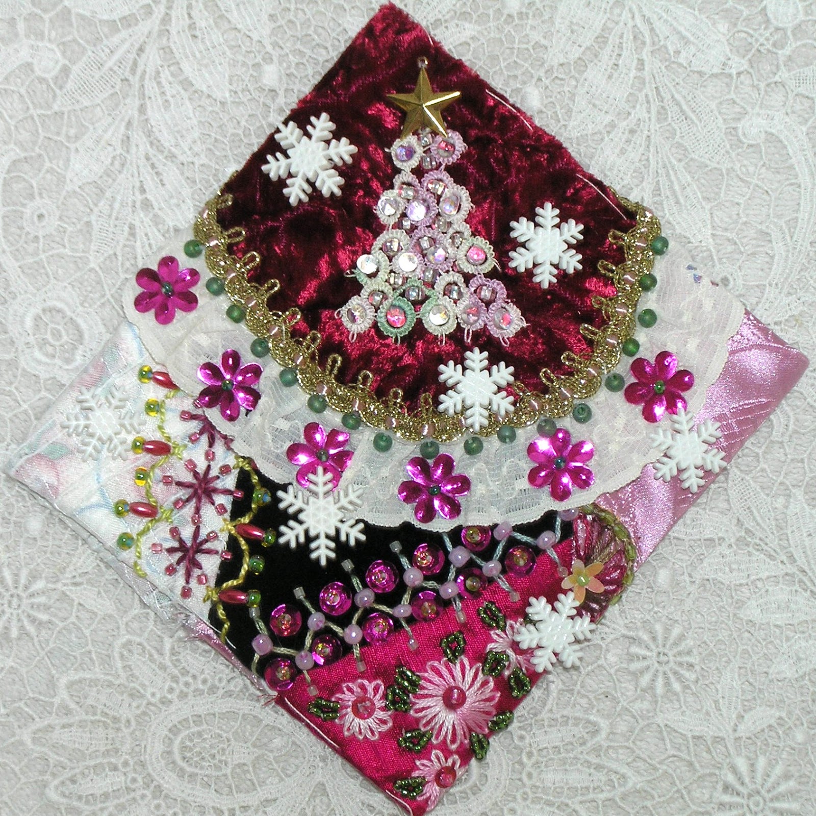 Kitty And Me Designs Crazy Quilt Blocks for Christmas Ornaments