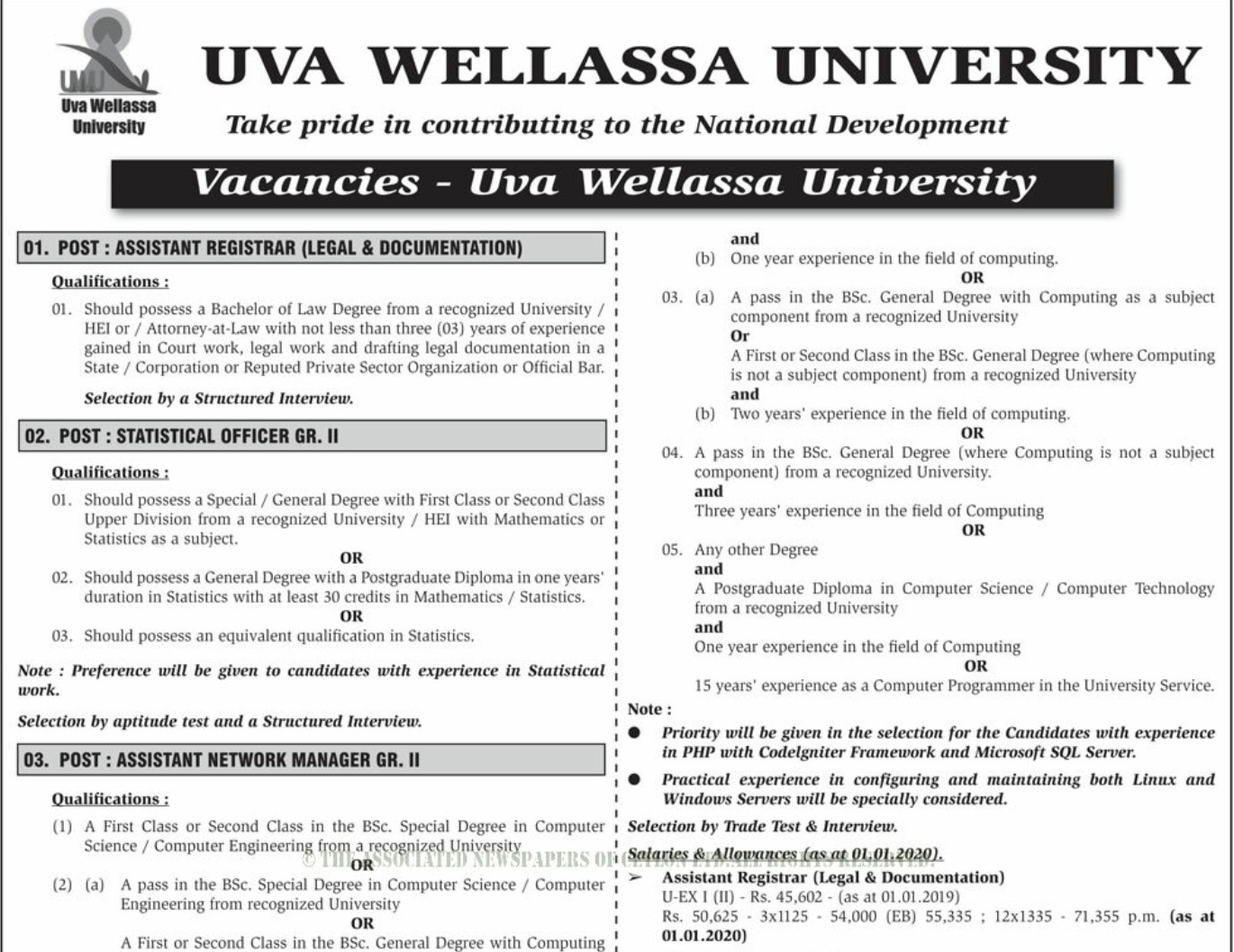 Vacancies at Uva Wellassa University TeachMore.lk