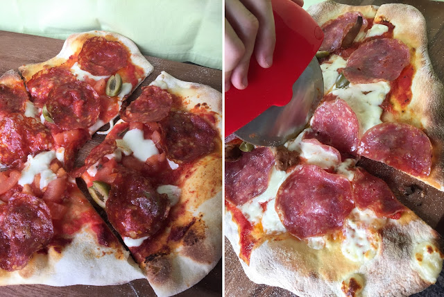 Pizza al salame piccante und Schneidegerät