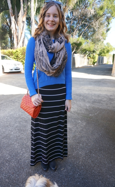 Away From Blue | Jumper, Printed Snood and Stripe Maxi Skirt Winter casual SAHM outfit
