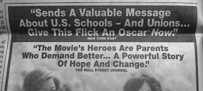 Close up of top headline that reads Sends a valuable message about US schools -- and unions… give this flick an Oscar now, New York Post