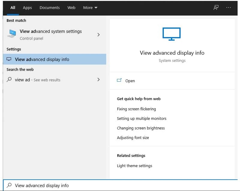 Open advanced display info page of Windows 10