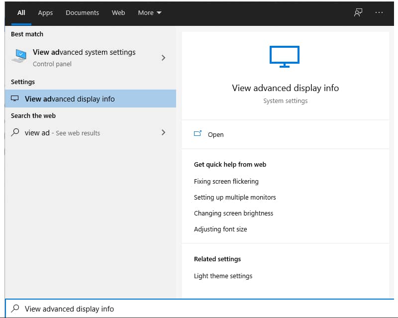 Open advanced display info page of Windows 10 Open advanced display info page of Windows 10