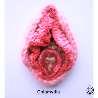 Image description: one crochet genital of pink hues is pictured on a white background. Inside the canal is reddened slightly to represent the irritating itchiness of chlamydia