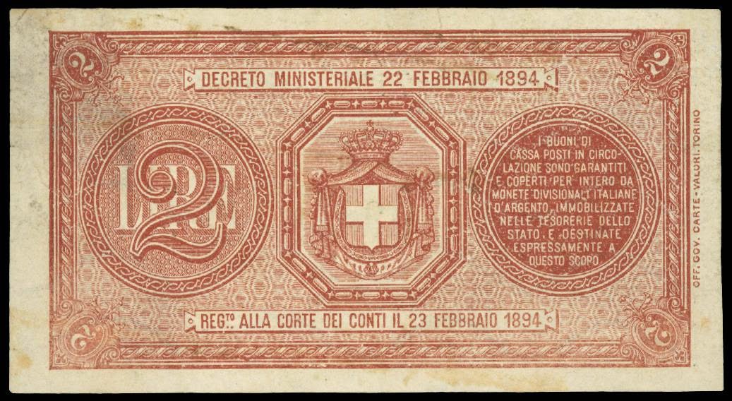 Italy 2 Lire banknote 1894 Buono Di Cassa