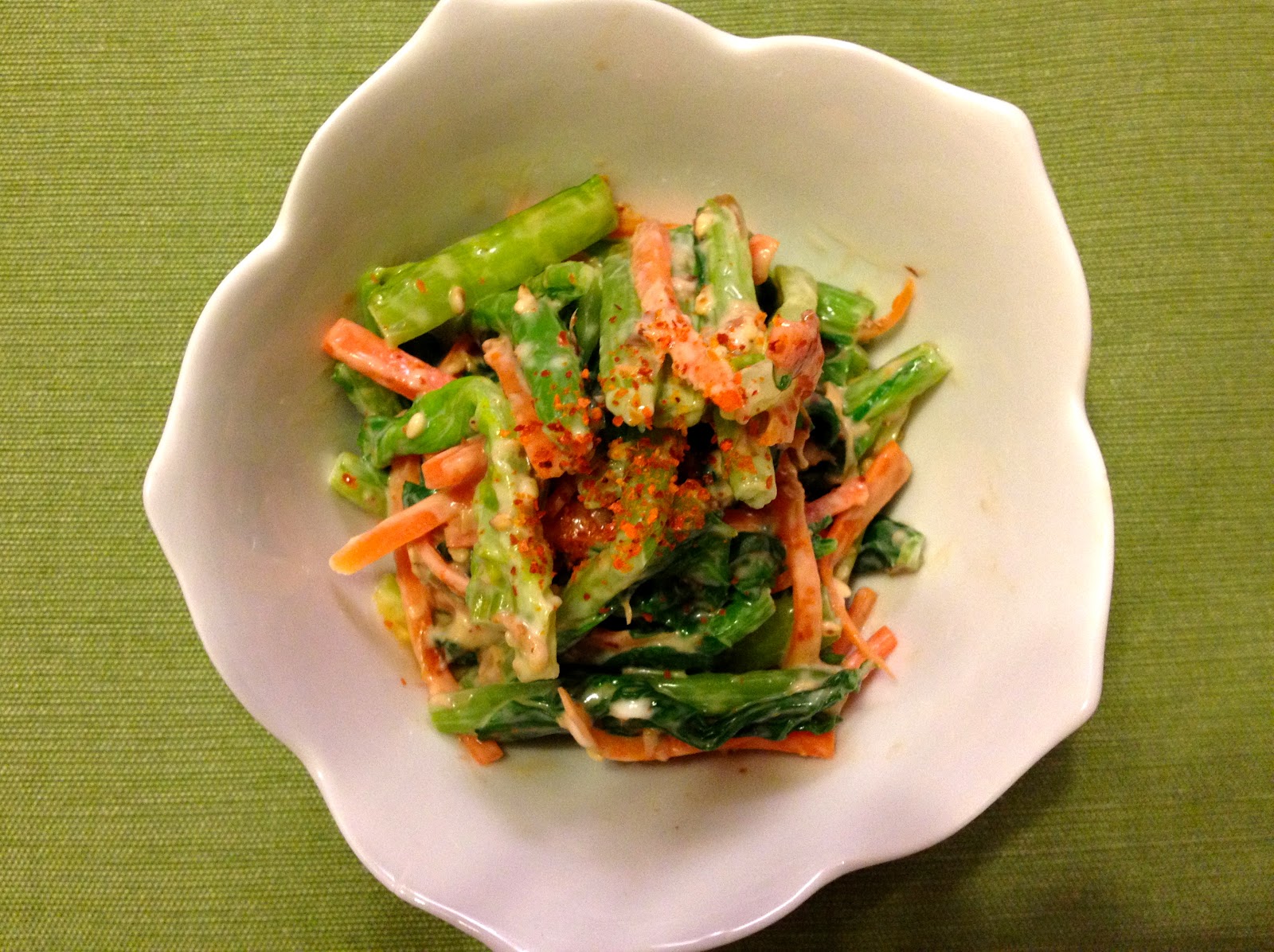 Poppin' kitchen Japanese mustard spinach salad with dried bonito