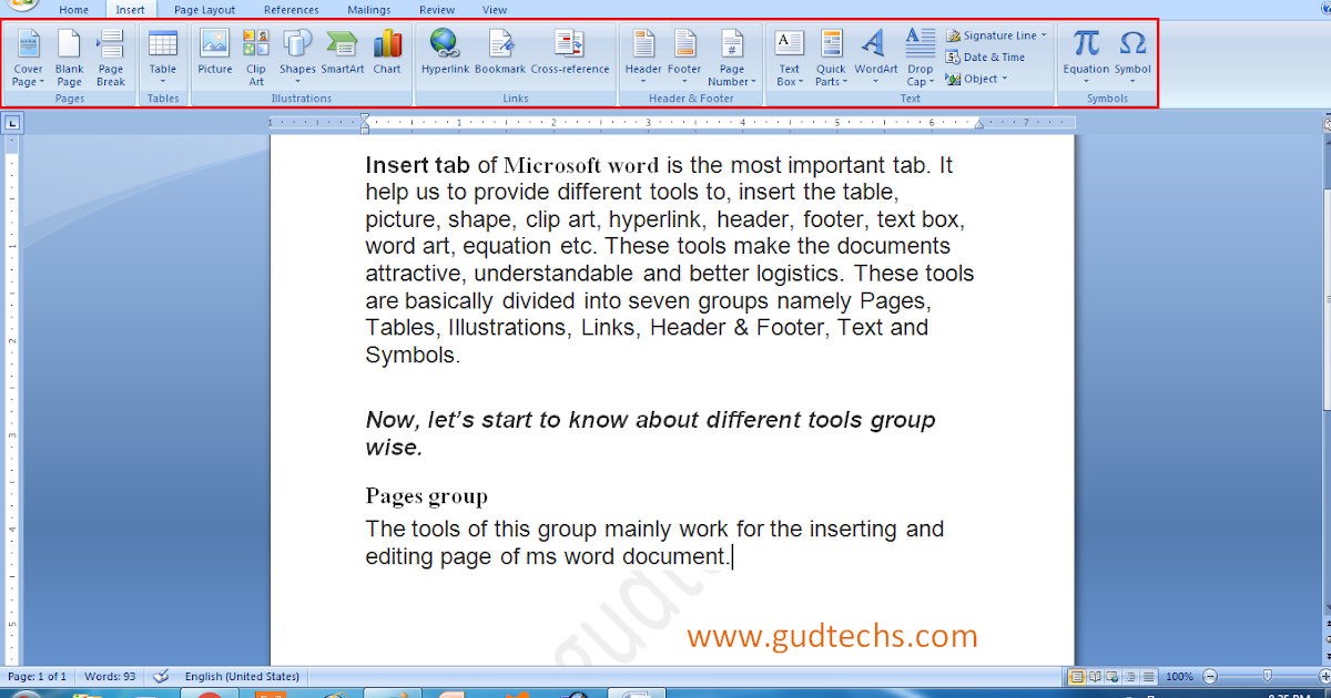 Insert tab of Microsoft word GudTechs Improve Yourself