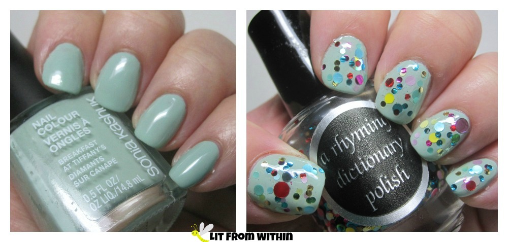 Sonia Kashuk Breakfast At Tiffany's, a cool, shiny mint under A Rhyming Dictionary Polish Lots of Tiny Snowmen, a glitter bomb of multi-colored circle glitter!  