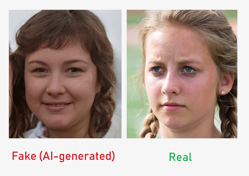 A pair of human faces, one fake, one real, compared by a website