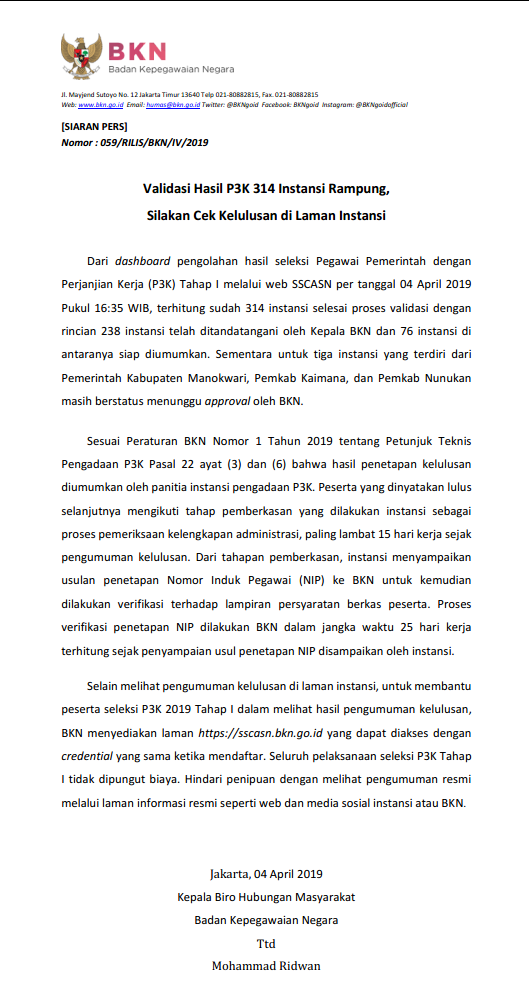 Pengumuman Hasil Tes Seleksi PPPK (P3K) tahun 2019