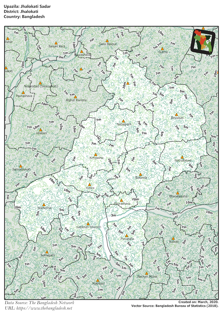 Jhalokati Sadar Upazila Elevation Map Jhalokati District Bangladesh