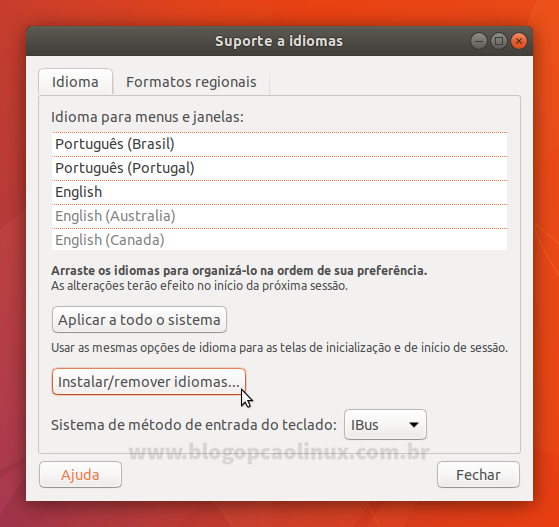 Clique em "Instalar/remover idiomas..." Clique em "Instalar/remover idiomas..."