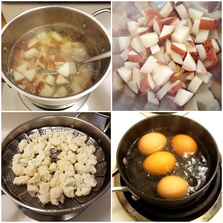 Ingredientes para la ensalada de papas roja: papas, coliflor, huevo