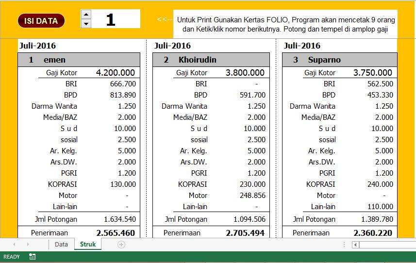 Aplikasi Struk Gaji Guru, TU di Sekolah Format Excel Bukti Pembayaran