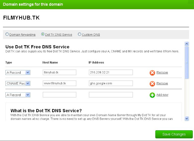 Dot Tk  DNS settings for Blogger