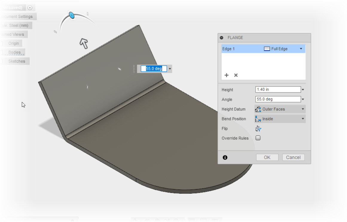 The Flange tool creating a straight up flange.